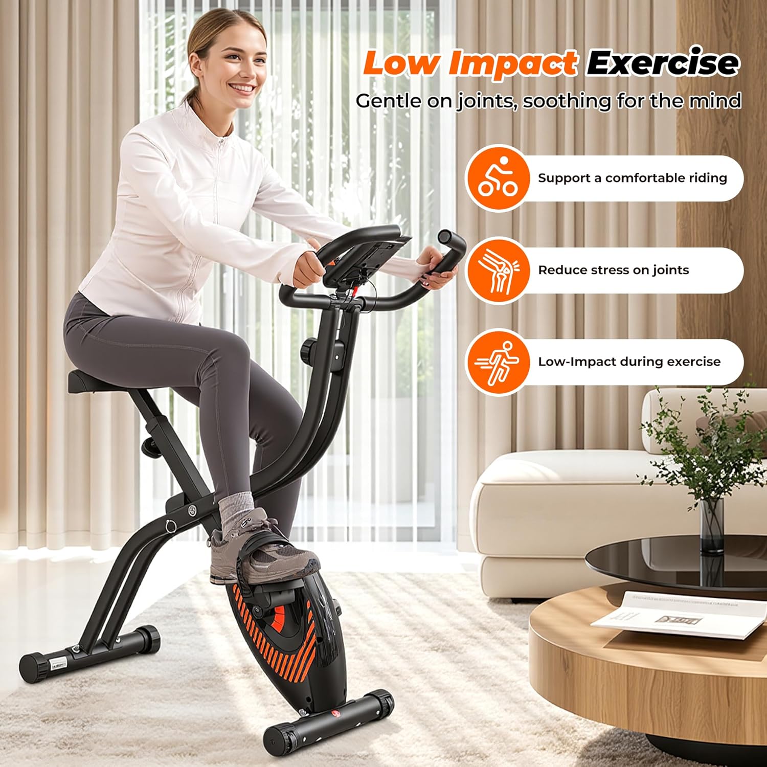 Exercise Bike, 3 IN 1 Stationary Bike, Folding Exercise Bike with 16-Level Resistance, Comfortable Seat Cushion, LCD Monitor, 265 lbs Weight Capacity for Home Gym Workout (Orange) - Image 3
