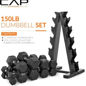 CAP Barbell Rubber Coated Dumbbell Weight Set with Vertical Rack | 100 lb, 150 lb, and 210 lb Options