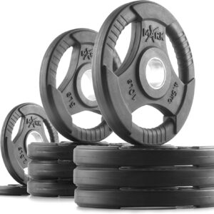 XMARK TRI-GRIP Pair or Set of Olympic Weight Plates, Rubber Coated Exercise Weights for Olympic Barbell, Strength Training Weight Set for Home Gym