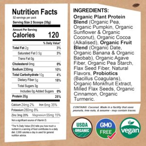 EarthChimp Organic Vegan Protein Powder – with Probiotics – Non GMO, Dairy Free, Non Whey, Plant Based Protein Powder for Women and Men, Gluten Free – 52 Servings 64 Oz (Chocolate) No Scoop