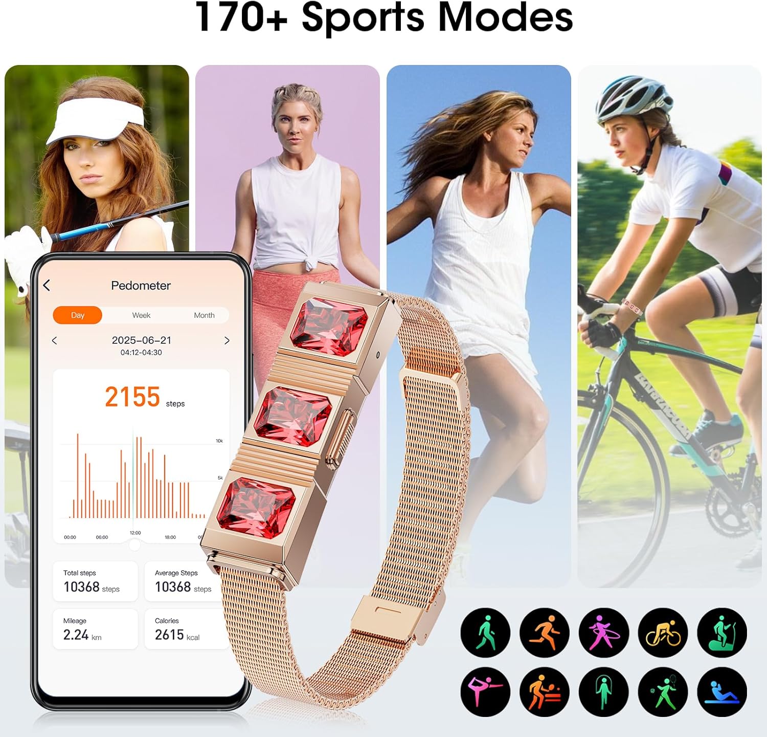 Mingtawn Women's Smart Bracelet with 2 Bands, Health Fitness Tracker, 24/7 Heart Rate/Blood Oxygen/HRV/Sleep Monitor, Fashion Ruby Wristband with Message/Call Reminder Free Subscription (Rose Gold) - Image 4