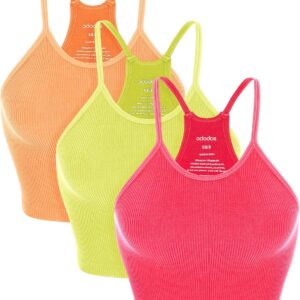 ODODOS Women’s Crop 3-Pack Seamless Rib-Knit Camisole Crop Tank Tops