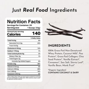 JUST INGREDIENTS Vanilla Bean Protein Powder – 20-Serving Blend with 100% Grass-Fed Whey & Organic Plant Proteins – Real Vanilla Bean & Cinnamon – Supports Muscle Recovery, Energy