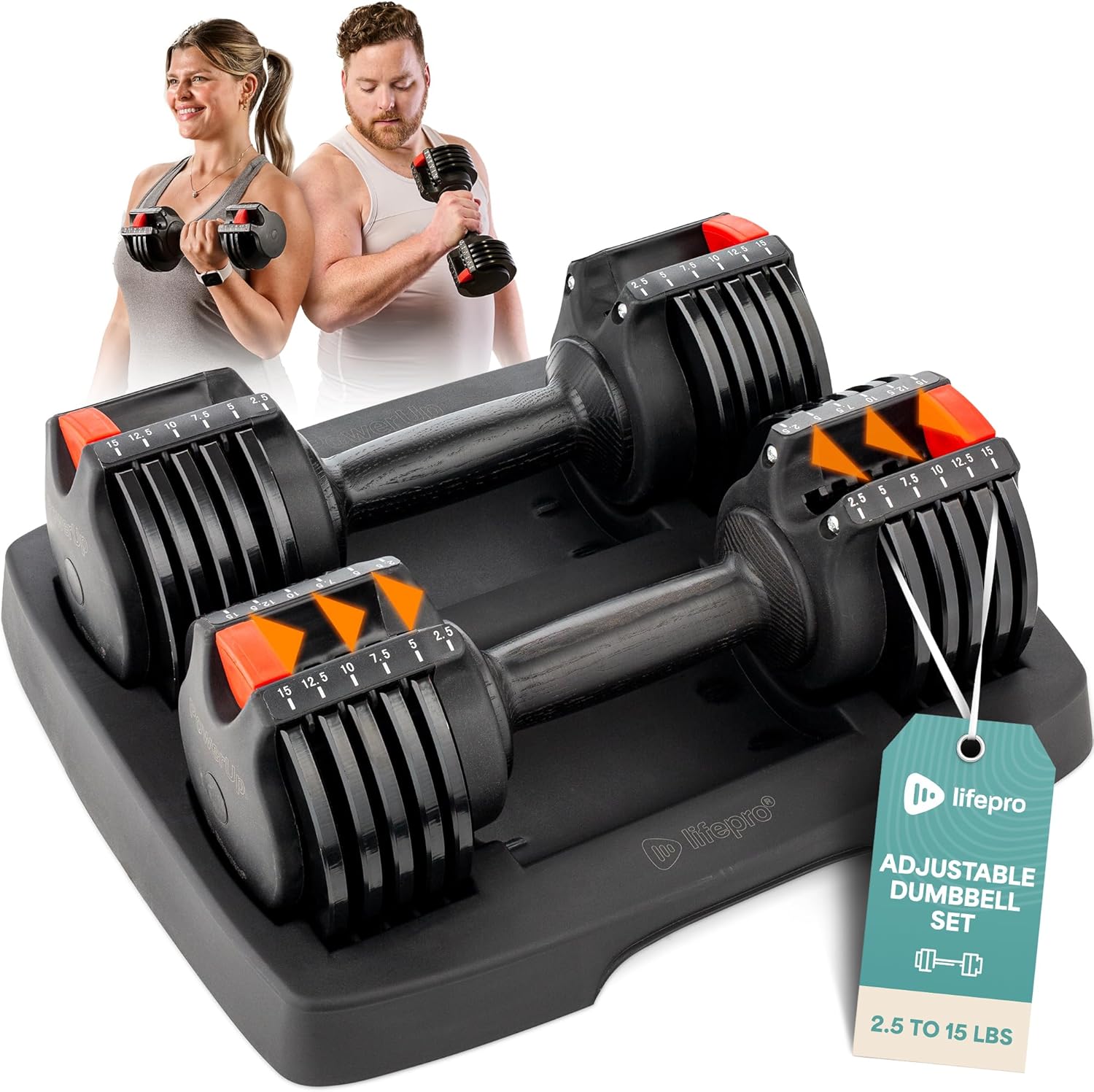 Lifepro Adjustable Dumbbells Set – 15lb, 25lb Pair or 43lb, 55lb & 90lb Single – Quick Adjustment, Anti Slip Handle – Space Saving & Strength Training Weights for Home Gym Exercise & Fitness