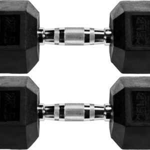 Fitvids Rubber Encased Hex Dumbbell – 25LB – 25LB Pair – Black