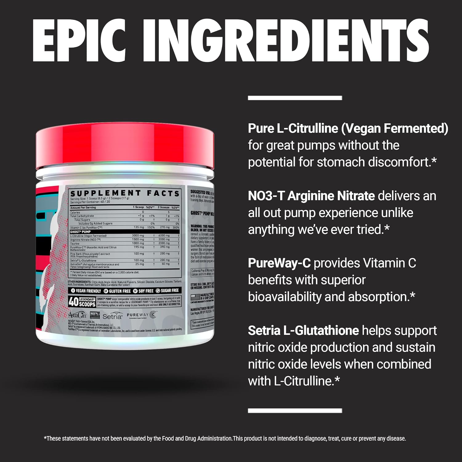 GHOST Pump Nitric Oxide Powder, Peach - 40 Servings - Sugar-Free & Stim-Free Pre-Workout Supplements - L-Citrulline, Arginine Nitrate & L-Glutathione - Soy & Gluten-Free, Vegan - Image 4