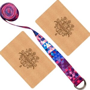 Aozora Cork Yoga Block Sustainable & Eco Friendly 2 Pack and Yoga Strap Set Made of The Finest Natural Cork for Better Support, Balance & Comfort