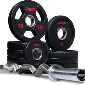 Rep Fitness Hard Chrome EZ Curl Barbell with Choice of Rubber-Coated Olympic Weight Plate Set