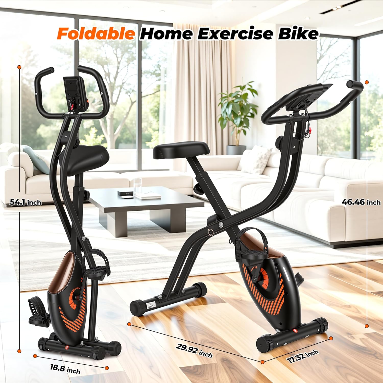 Exercise Bike, 3 IN 1 Stationary Bike, Folding Exercise Bike with 16-Level Resistance, Comfortable Seat Cushion, LCD Monitor, 265 lbs Weight Capacity for Home Gym Workout (Orange) - Image 8
