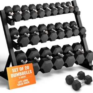 Rubber Hex Dumbbell Set with Rack, 8/10/12/15/20 Pair (450/550/780/1200/1550/2100 lbs total) Weight Rack with Dumbbells for Home Gym & Strength Training
