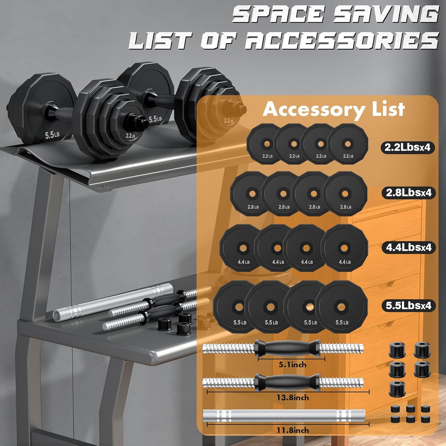 KISS GOLD Weights Dumbbells Set, Adjustable Dumbbell Sets 22Lbs 44Lbs 66Lbs 88Lbs with Solid Steel, Barbell Free Weight Set with Connector Workout Home Gym Equipment for Men Women Strength Training Shaping - Image 6