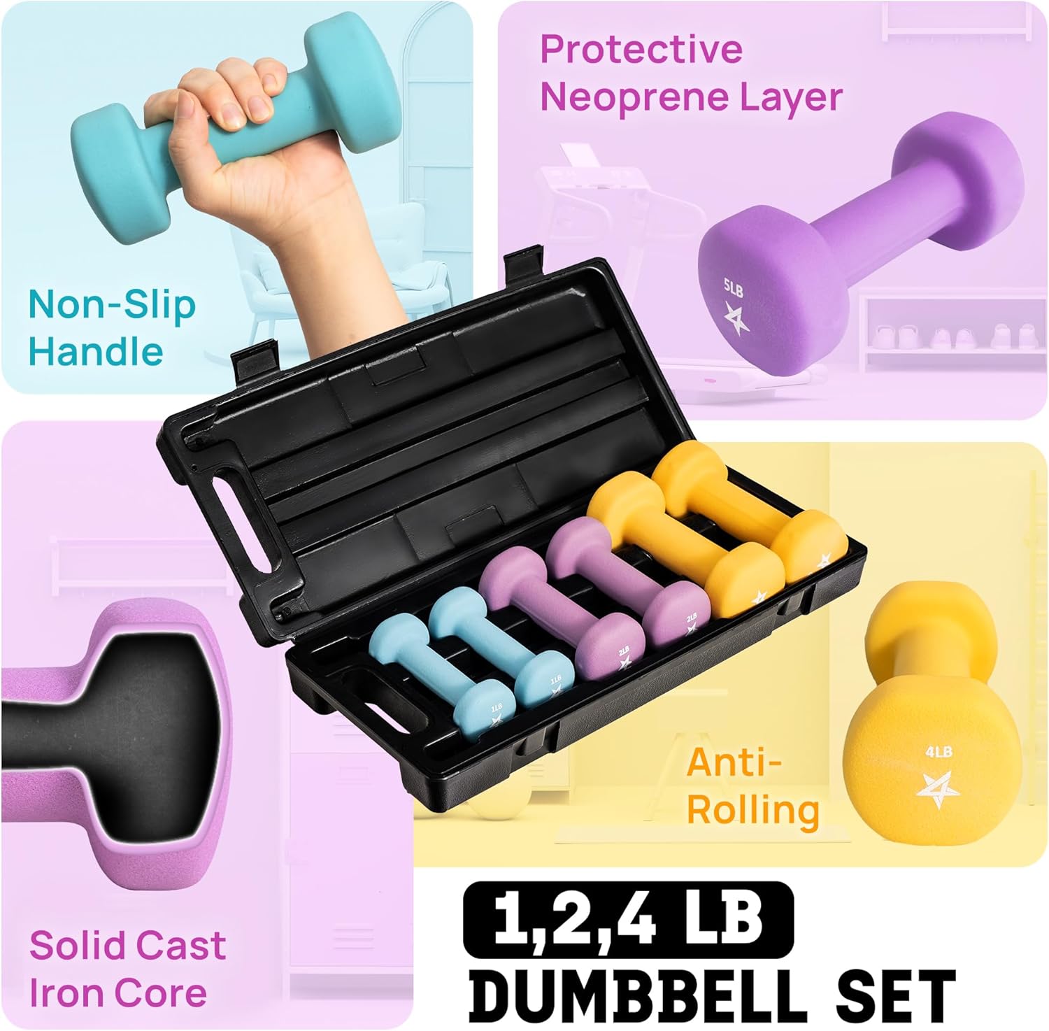 Yes4All Neoprene Coated Dumbbell Hand Weight Sets - Multiple Weight Options with Rack, Anti-roll, Anti-Slip, Hexagon Shape - Image 3