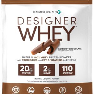 Designer Wellness, Designer Whey, Natural Whey Protein Powder with Probiotics, Fiber, and Key B-Vitamins for Energy, Gluten-Free, Gourmet Chocolate, 2 lb