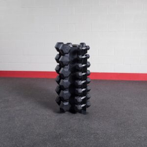 Body-Solid (GDR80-SDRS550) 10-Pairs Dumbbell with Vertical Rack – Compact Weight Storage for Home Gym, Strength Training – Rubber Coated Hexagon Shape Dumbbells with Stand