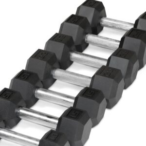 WF Athletic Supply 5-25Lb Rubber Coated Black Handle Hex Dumbbell Set with A Frame Storage Rack Non-Slip Hex Shape for Muscle Toning, Straight Handle, Pink Rack