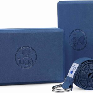 IUGA Yoga Blocks 2 Pack With Strap Non Slip High Density 9″x6″x3″ Solid & Cork Yoga Block With Yoga Strap to Improve Strength Balance for Yoga Pilates Meditation