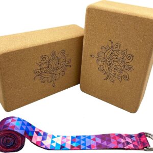 Aozora Cork Yoga Block Sustainable & Eco Friendly 2 Pack and Yoga Strap Set Made of The Finest Natural Cork for Better Support, Balance & Comfort