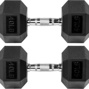Fitvids Rubber Encased Hex Dumbbell – 40LB – 40LB Pair – Black