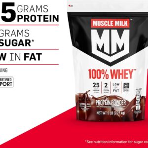 Muscle Milk 100% Whey Protein Powder, Chocolate, 5 Pound, 66 Servings, 25g Protein, 2g Sugar, Low in Fat, NSF Certified for Sport, Energizing Snack, Workout Recovery, Packaging May Vary