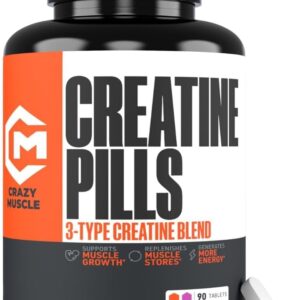 Crazy Muscle, Creatine Pills, 5g 3X Pure Creatine Monohydrate, Pre Workout Bulk Muscle Mass Gainer, High Absorption Easy to Take ThreeAtine 3 Type Optimum Performance for Lean Growth Men Women