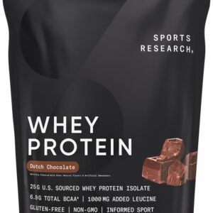 Sports Research Whey Protein – Sports Nutrition Whey Isolate Protein Powder for Lean Muscle Building & Workout Recovery – 5 lb Bag Bulk Protein Powder 25g per Serving – Dutch Chocolate, 60 Servings