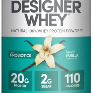 Designer Wellness, Designer Whey, Natural Whey Protein Powder with Probiotics, Fiber, and Key B-Vitamins for Energy, Gluten-Free, French Vanilla, 12oz