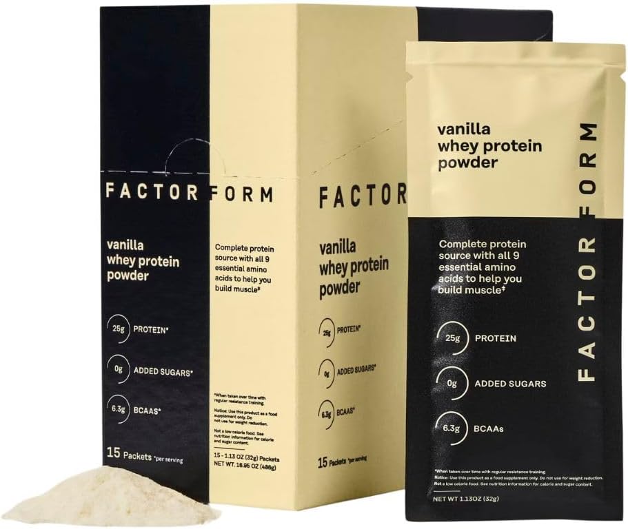 FACTOR FORM Whey Protein Powder | 100% Whey Isolate | 25g Protein & 6.3g BCAAs | Low Carb & Keto-Friendly | No Added Sugar (15 Packets, Vanilla)