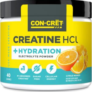 CON-CRET Creatine HCl + Hydration | Electrolyte Powder Tub | Citrus Mango | Sugar Free Electrolytes | Rehydration Formula w Potassium, Sodium, Zinc, Magnesium to Hydrate & Recover (40 serv)