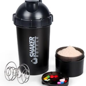 Shaker Bottle 18OZ Protein Shaker Bottles with Powder Storage & Pill Case 500ML GYM Shaker Cup for Protein Mixes with Blending Ball Leak Proof Mixer Bottle for Pre Workout,BPA Free(black)