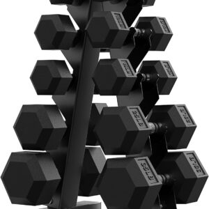 PAPABABE Hex Dumbbell Sets with Rack, 60-550lb Rubber Coated Dumbbell Weight Set and Storage Rack, Multiple Options Hand Weights for Strength Training