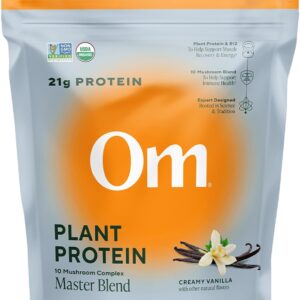 OM MUSHROOM SUPERFOOD Master Blend Vegan Protein – Creamy Vanilla Plant Protein with 10 Mushrooms, Ashwagandha, BCAAs & B12 – Energy, Recovery & Immune Support – 1.2 lb (16 Servings)