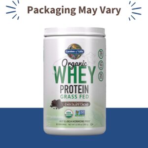 Garden of Life Whey Protein Powder Chocolate Cacao Flavor – 21g Certified Organic Grass Fed Protein for Women & Men + Probiotics – 12 Servings – Gluten Free, Kosher, Humane, rBST & rBGH Hormone Free