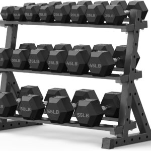 PAPABABE Hex Dumbbell Set with Rack, Rubber Encased Free Weight with Weight Storage Racks, Multiple Weight Options for Home Gym and Fitness