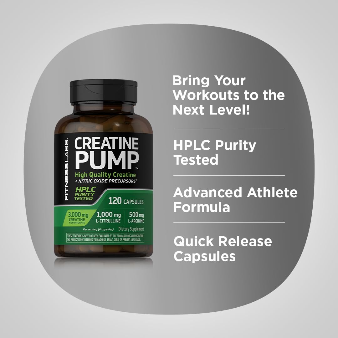 Fitness Labs Creatine Capsules | 120 Count | 3000mg | Creatine Monohydrate | Pump Supplement | Plus Nitric Oxide Precursor | HPLC Tested | Non-GMO - Image 4