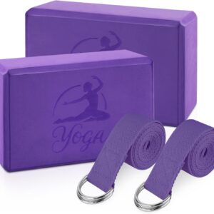 RETON Yoga Blocks Set, High – Density Yoga Block with 2 Strap, Lightweight Foam Brick Yoga Pilates Blocks, Anti-Slip Yoga Brick with Embossed Design for Posture Adjustment and Movement Assistance