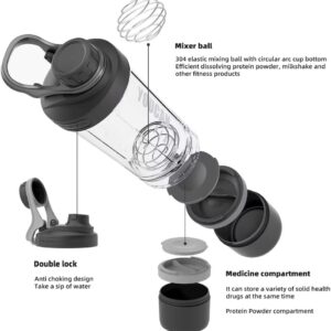 21oz Protein Shaker Bottle with Powder Storage Container-Shaker Cups for Protein Shakes-pre workout bottle-Mixer Cup-Gym Sport Water Bottle -Made with Tritan BPA Free,with Wire Whisk Balls (Black)