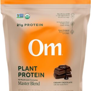 OM MUSHROOM SUPERFOOD Master Blend Vegan Protein – Organic Chocolate Plant Protein with 10 Mushrooms, Ashwagandha, BCAAs & B12 – Energy, Recovery & Immune Support – 1.2 lb (16 Servings)
