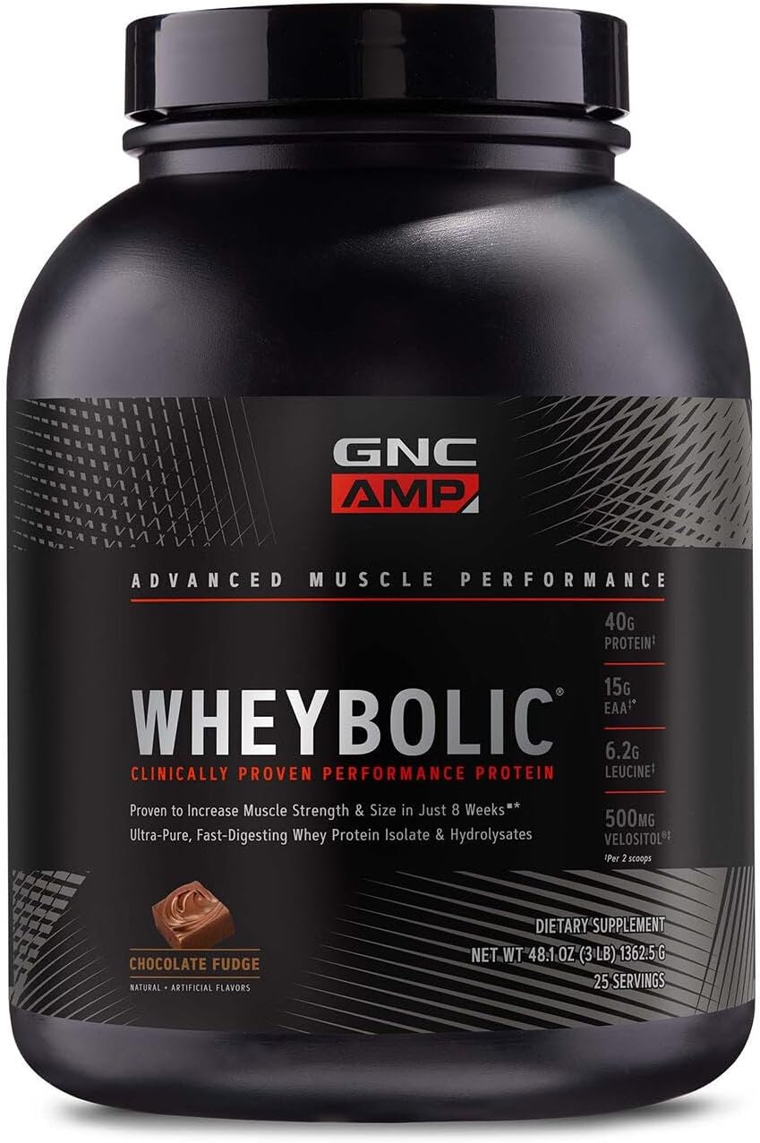 GNC AMP Wheybolic Clinically Proven Protein Powder, 40g Whey Protein, BCAA, Leucine, Increases Muscle Strength, Muscle Building, 3rd Party Tested, Gluten Free, Chocolate Fudge, 25 Servings