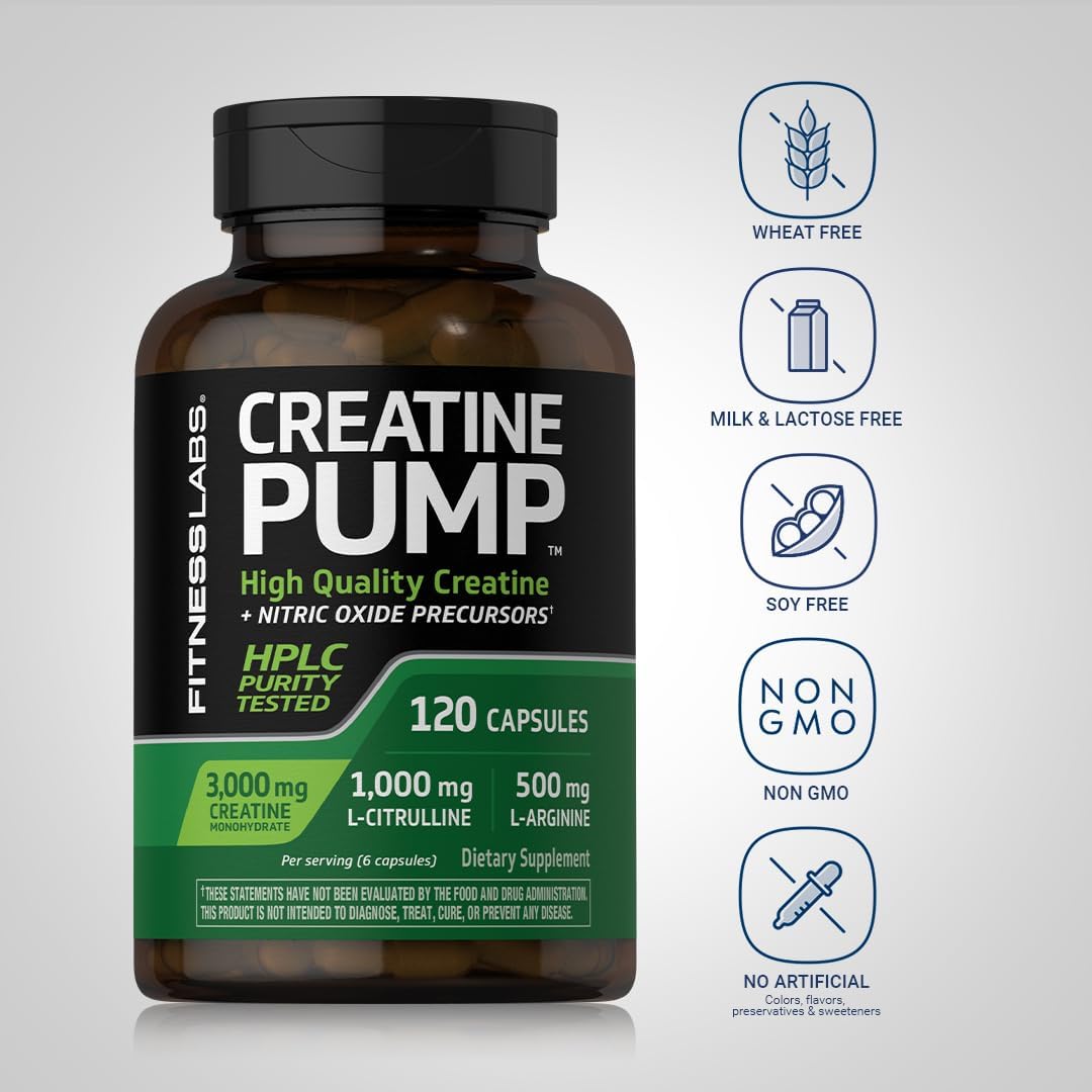 Fitness Labs Creatine Capsules | 120 Count | 3000mg | Creatine Monohydrate | Pump Supplement | Plus Nitric Oxide Precursor | HPLC Tested | Non-GMO - Image 3