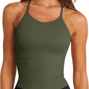 LASLULU Womens Sports Bra Seamless Long Crop Tank Racer Back Spaghetti Strap Workout Yoga Bra Padded Halter Neck Casual Tops