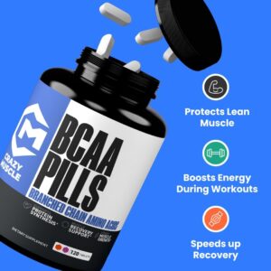 Crazy Muscle BCAA Pills with The Perfect 2:1:1 Ratio of Branched Chain Amino Acids Supplement, 1000mg of BCAAs per Pill (Better Than Capsules), 120 Tablets