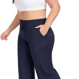HLTPRO 3 Pack Lounge Pants Women Plus Size Wide Leg Pants Woman with Pockets Casual Pajama Palazzo Black Pant for Yoga