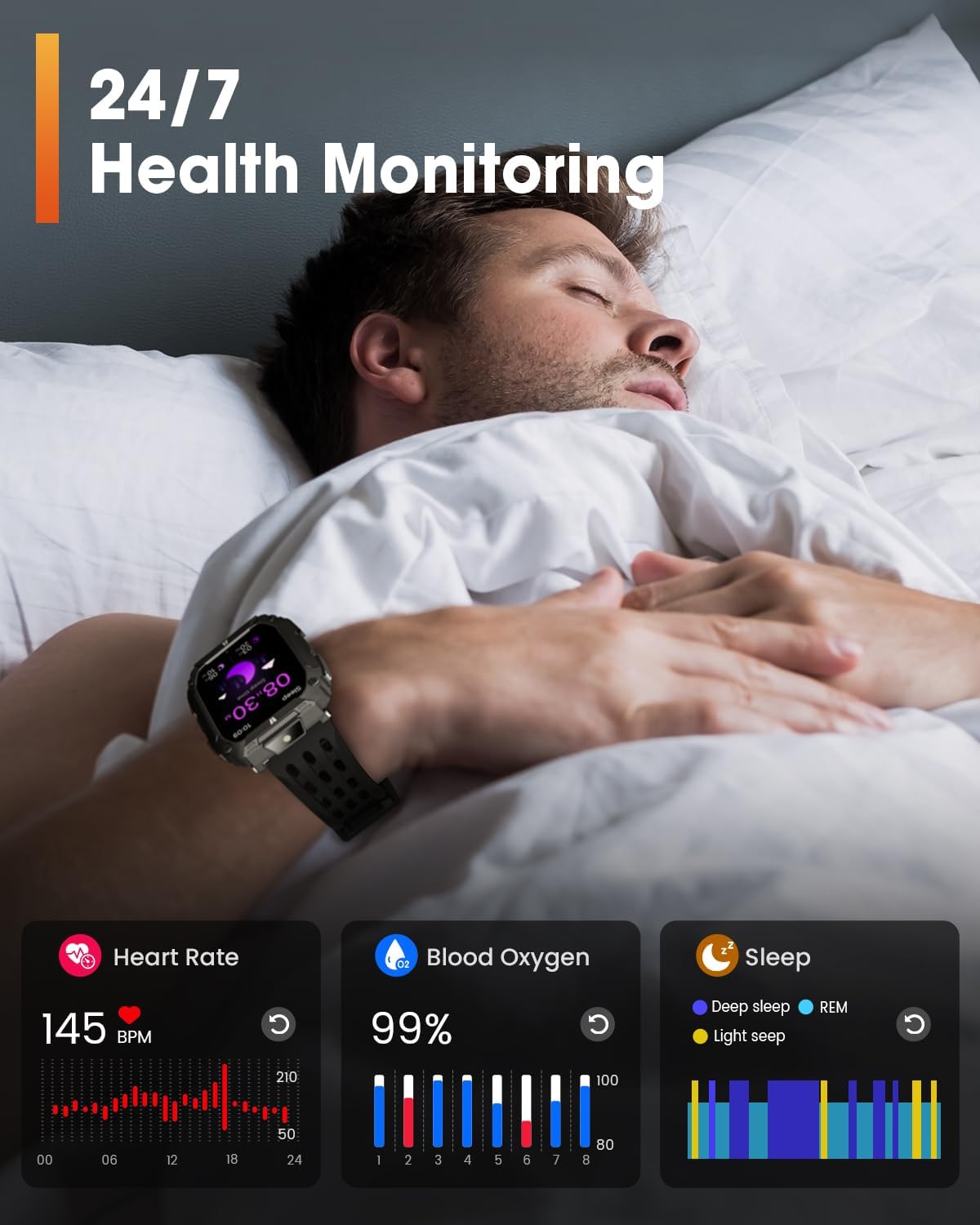 Military Smart Watches for Men, 1.95'' Smart Watch with 100 Days Battery/Flashlight, Fitness Tracker Watch with Heart Rate/Sleep Monitor/100+ Sports Mode,5 ATM Rugged Smartwatch for Android and iPhone - Image 5