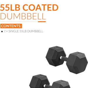 CAP Barbell 55 LB Rubber Coated Hex Dumbbell Hand Weight with Padded Grip – Pair | Comfort Grip