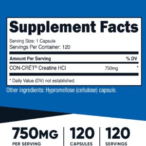 Nutricost Creatine HCl 120 Capsules – Made with CON-CRET Creatine, 750 MG Per Capsule