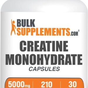 BulkSupplements.com Creatine Monohydrate Capsules – Micronized Creatine Monohydrate, Sports Nutrition – 7 Capsules per Serving, 5000mg, Gluten Free, 210 Count (Pack of 1)
