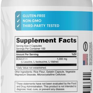 Bucked Up BCAA 2:1:1 Capsules | Branched Chain Amino Acids Supplement | 1000mg Per Serving | Gluten Free, Non GMO, Third Party Tested | BCAA Supplement 100 Servings (200 Capsules)