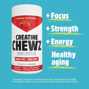 PVL Creatine Chewz – Sugar Free Chewable Creatine Supplement for On-The-Go Use – 5 g Monohydrate Per Day – No Mixing or Mess – 80 Chewable (Mixed Berry)