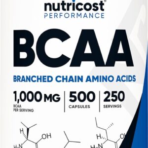 Nutricost BCAA 1000mg, 500 Capsules (250 Serv), 2:1:1 Branched Chain Amino Acids (500mg of L-Leucine, 250mg of L-Isoleucine and L-Valine)