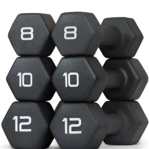 WF Athletic Supply Black Neoprene Dumbbell Set, Non-Slip & Hex Shape, Great for Muscle Toning, Strength Building & Weight Loss; Sizes, Dumbbells Only & w/Rack Options Available